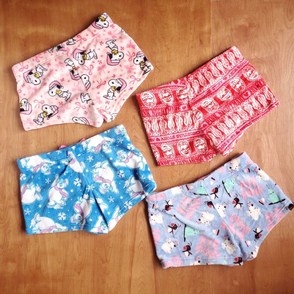 Christmas Pajama Sleep Shorts Womens XL Lot of 4 Fuzzy Soft Peanuts Frosty Elf - Picture 2 of 8